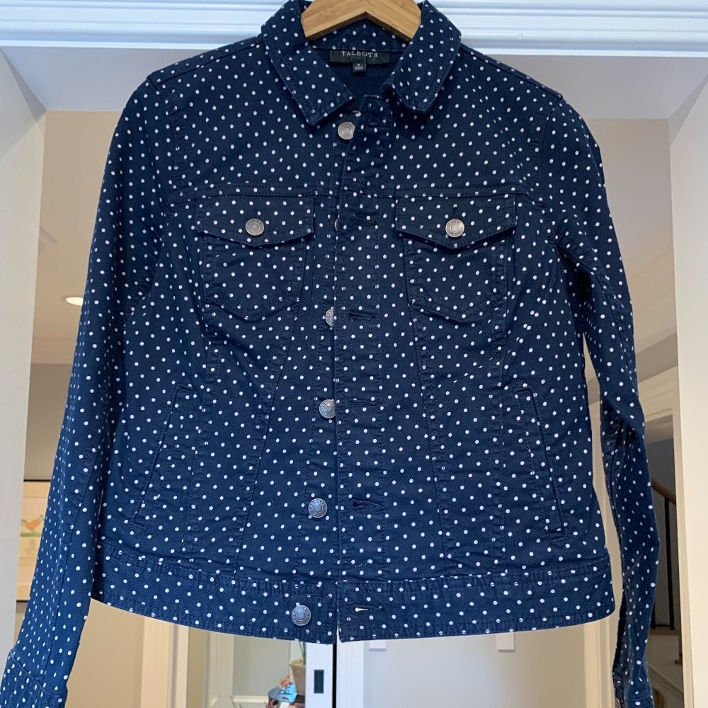TALBOTS "Jean Jacket" Canvas Navy with Muted White Polka Dots Size S.